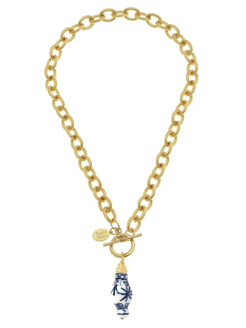 Gold Chain Necklace with Blue and White Ceramic Pendant